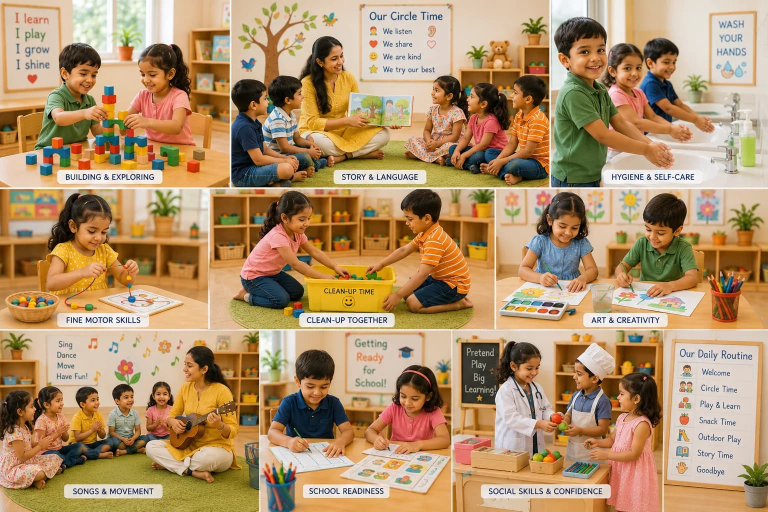 Children building school readiness through routines and play at Kaizen Preschool in Nallagandla