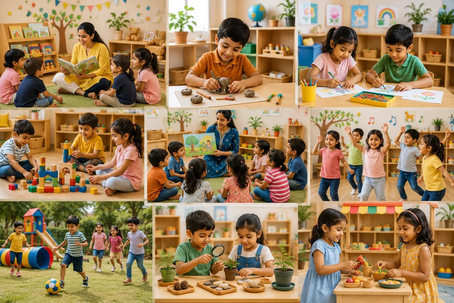 Young children in a warm daycare routine with teacher guidance