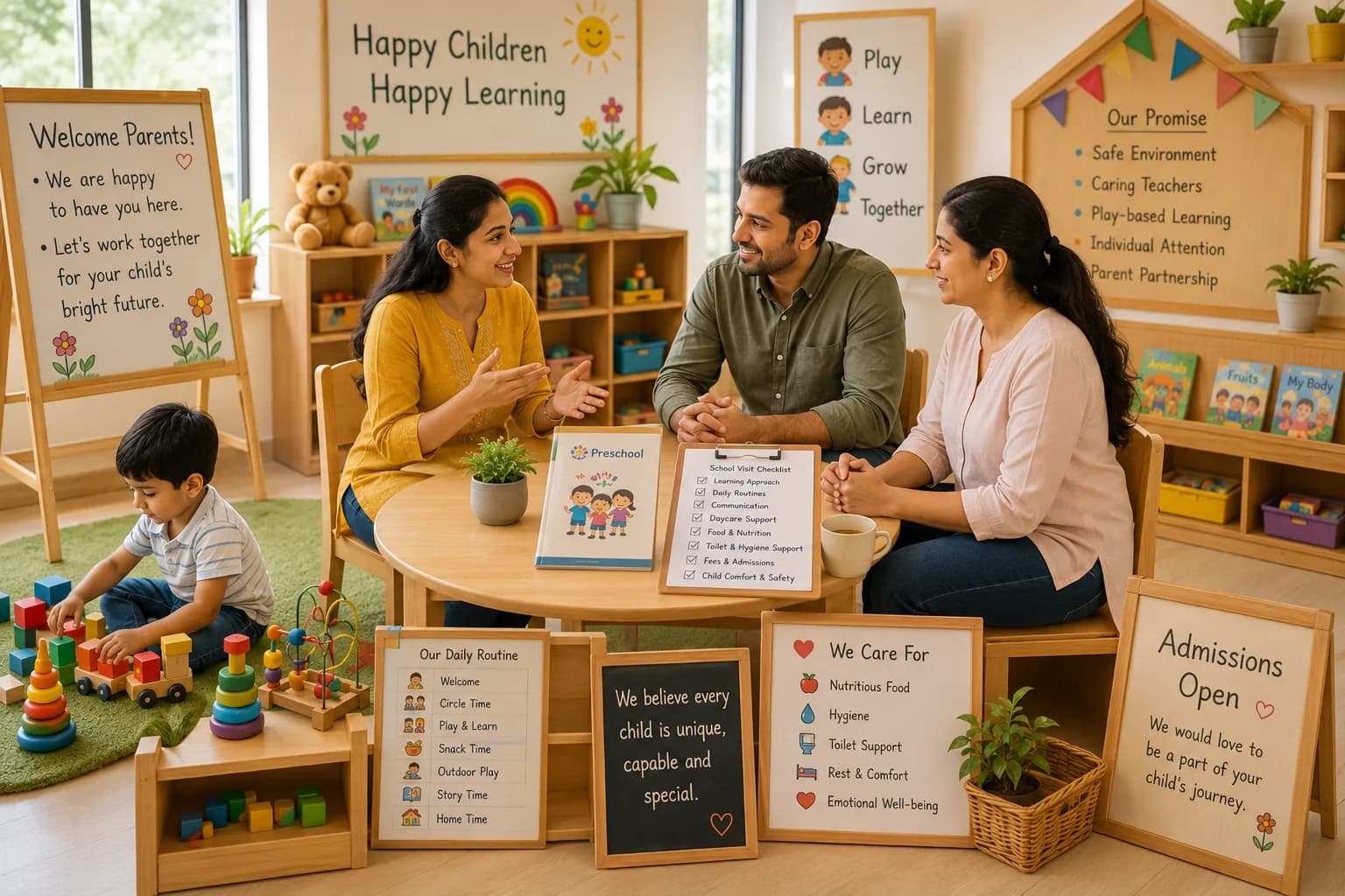 Parents using a preschool checklist during a school visit in Nallagandla